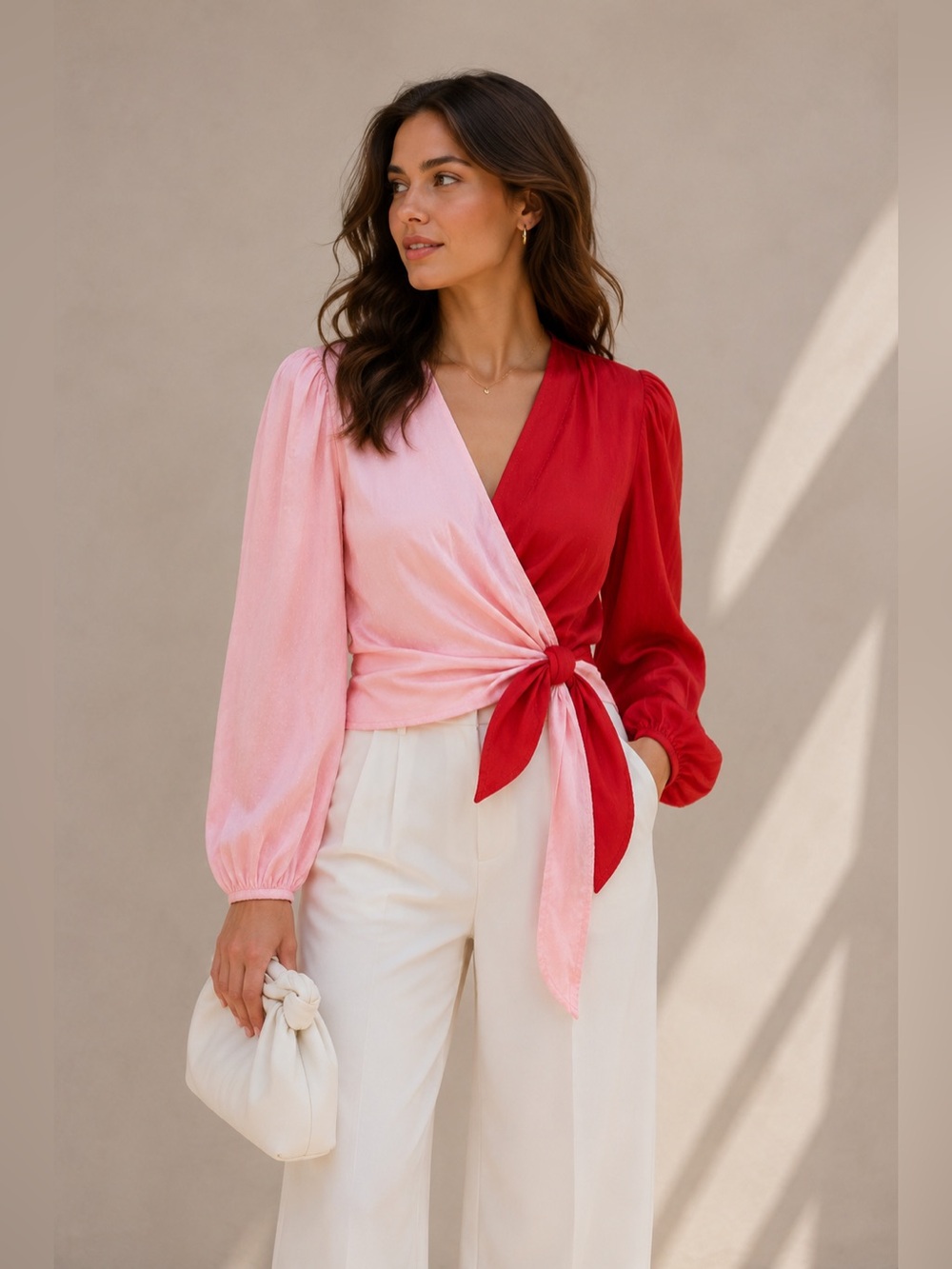 FARM  For Anthropologie Pink and Red Wrap Tie Blouse